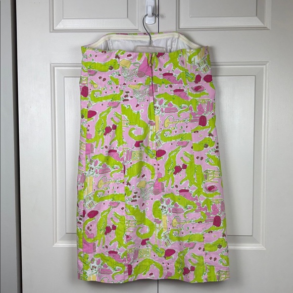 Vintage 2010 Lilly Pulitzer Pink and Green Alligator Print Strapless Dress - 10 - Picture 7 of 12